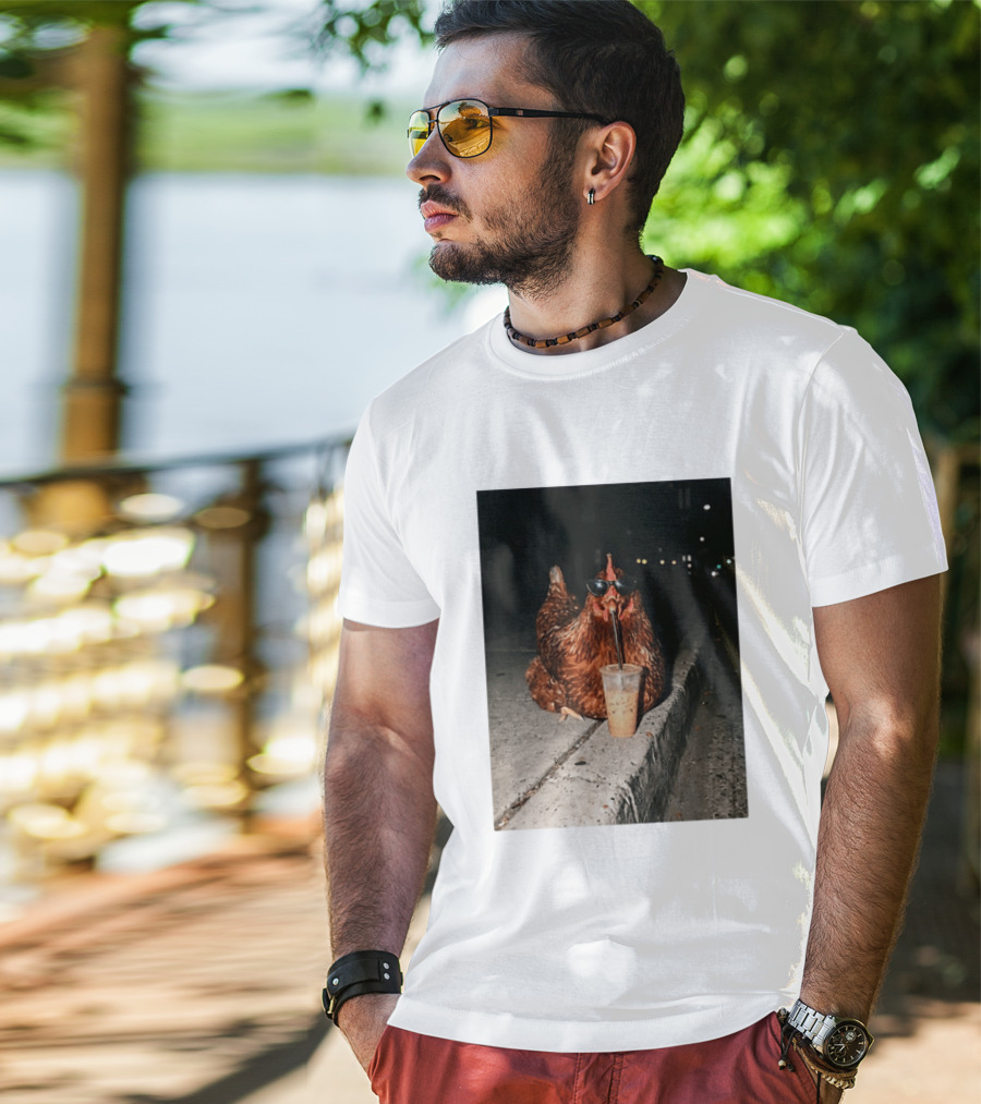 Chicken Wearing Sunglasses Drinking Iced Coffee At Night T-Shirt