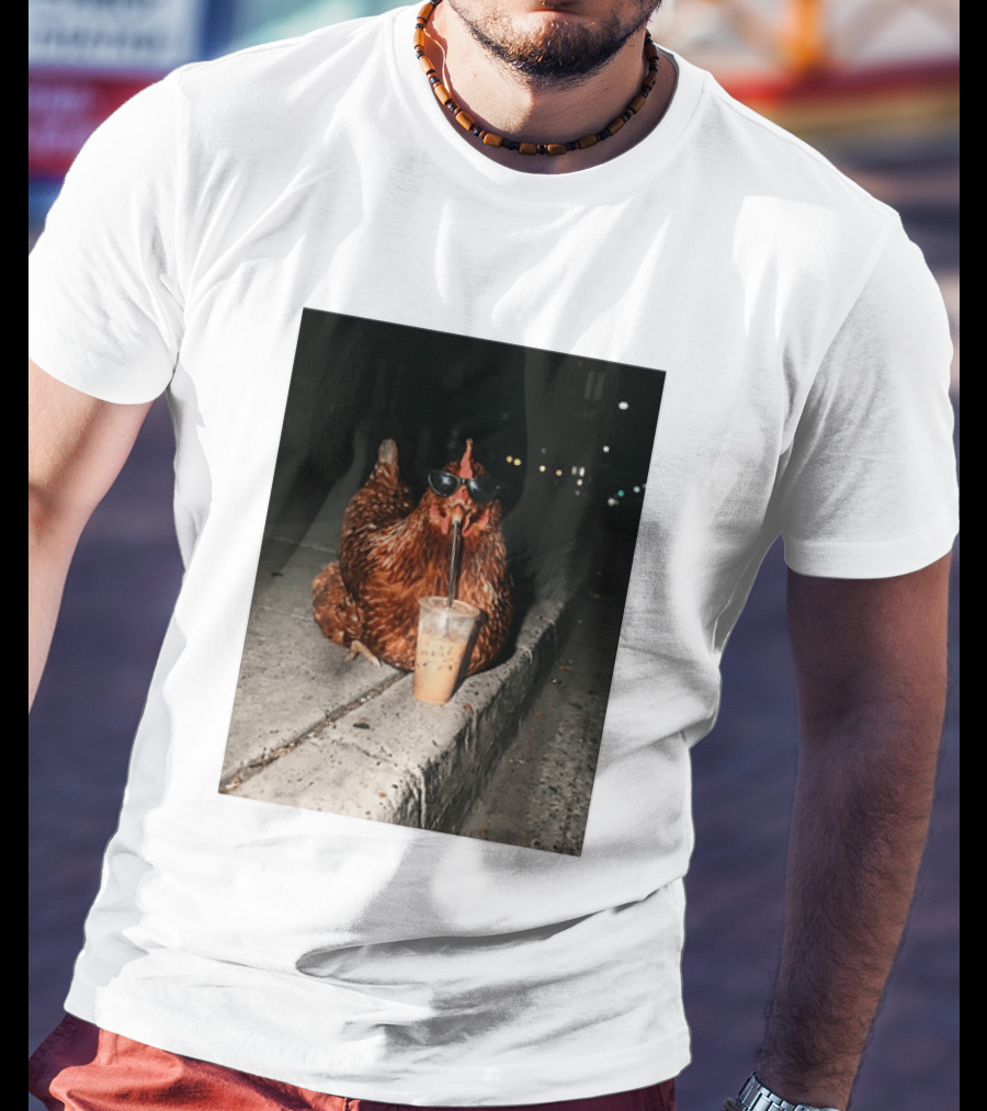 Chicken Wearing Sunglasses Drinking Iced Coffee At Night T-Shirt