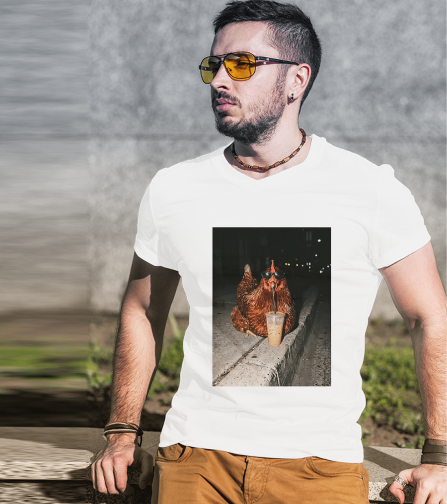 Chicken Wearing Sunglasses Drinking Iced Coffee At Night T-Shirt