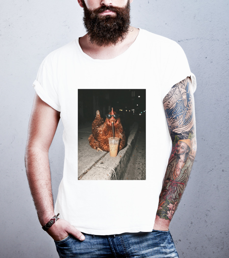 Chicken Wearing Sunglasses Drinking Iced Coffee At Night T-Shirt