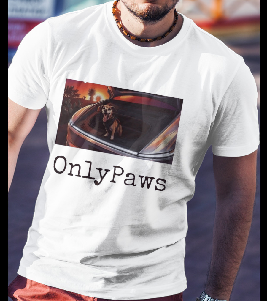 OnlyPaws Dog In Car Trunk At Sunset Desert Scene T-Shirt