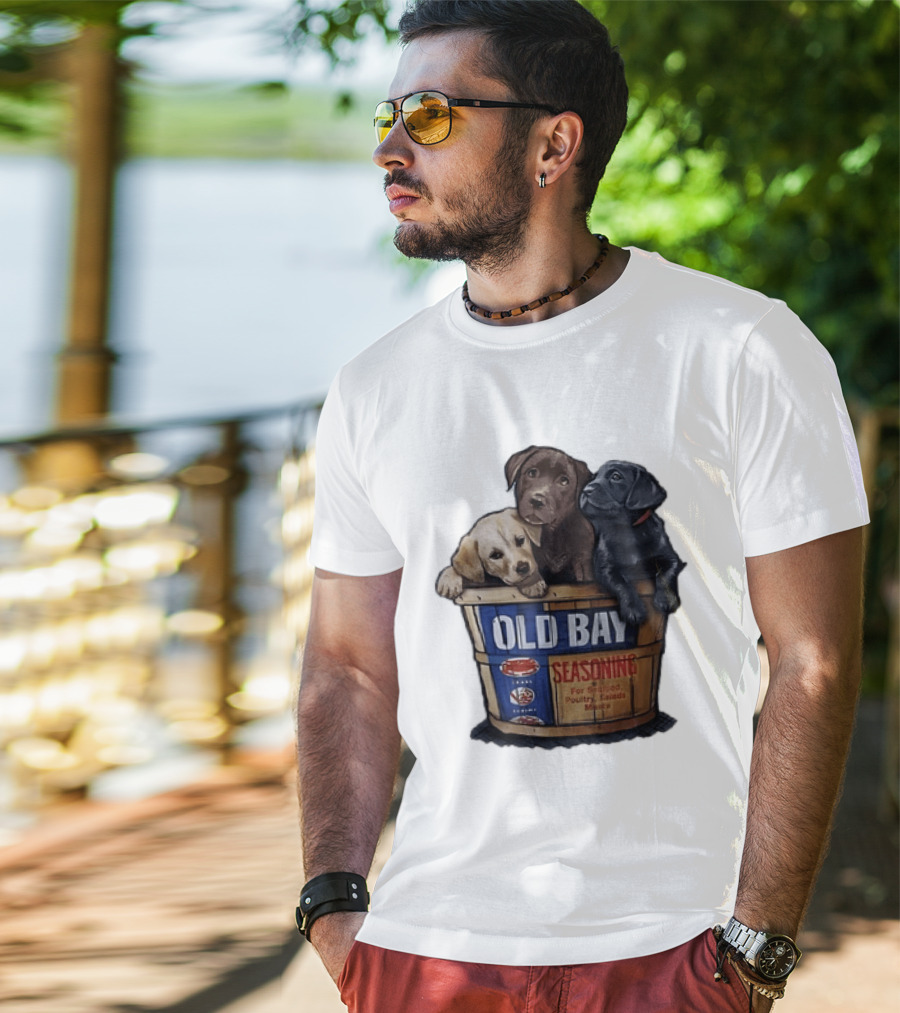 Old Bay Seasoning Labrador Puppies In Bushel Basket For Seafood Poultry Salads Meats T-Shirt