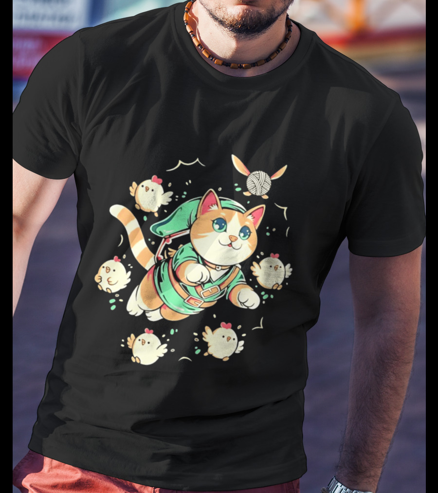 Fantasy Adventurer Cat In Green Tunic With Chickens And Yarn Ball T-Shirt