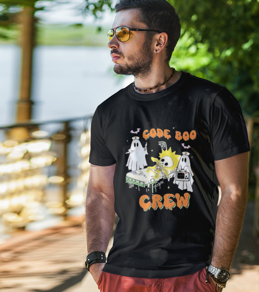 Code Boo Crew Halloween Ghost Nurse Skeleton Scene T-Shirt