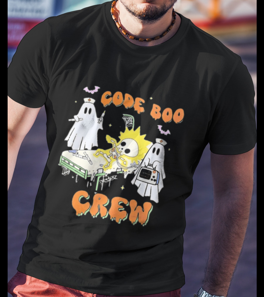 Code Boo Crew Halloween Ghost Nurse Skeleton Scene T-Shirt