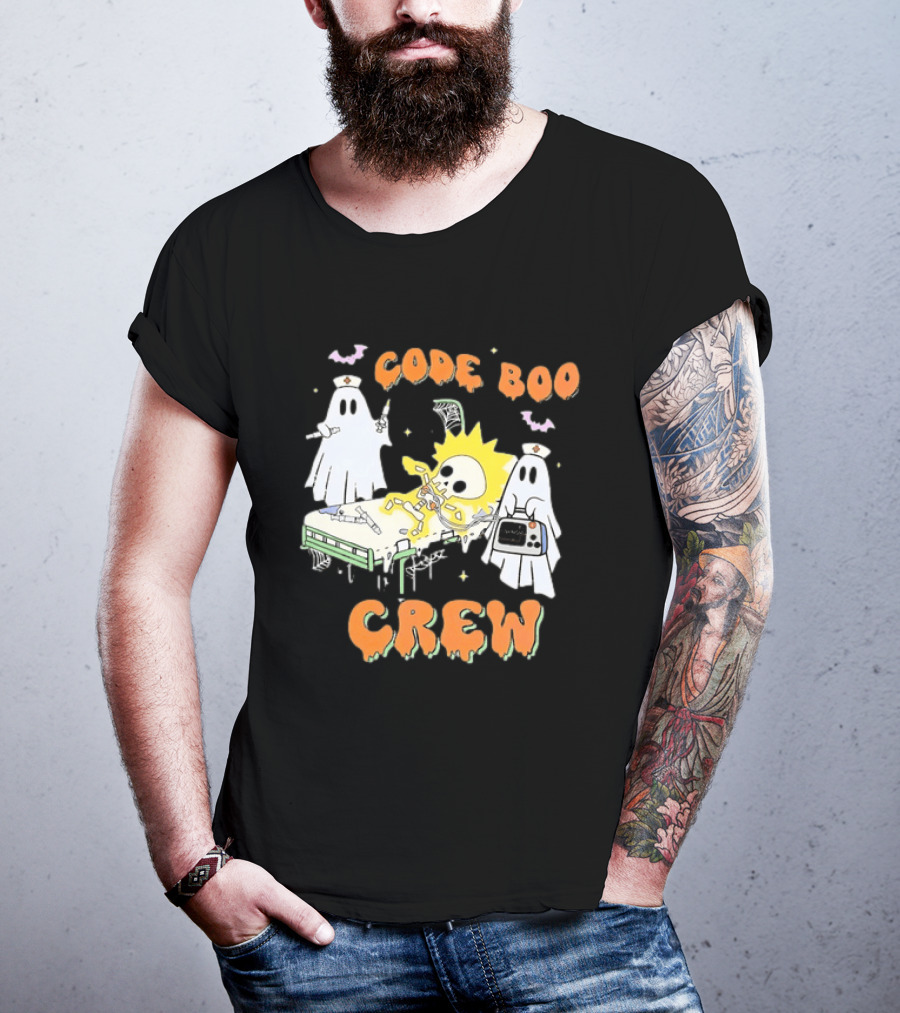 Code Boo Crew Halloween Ghost Nurse Skeleton Scene T-Shirt