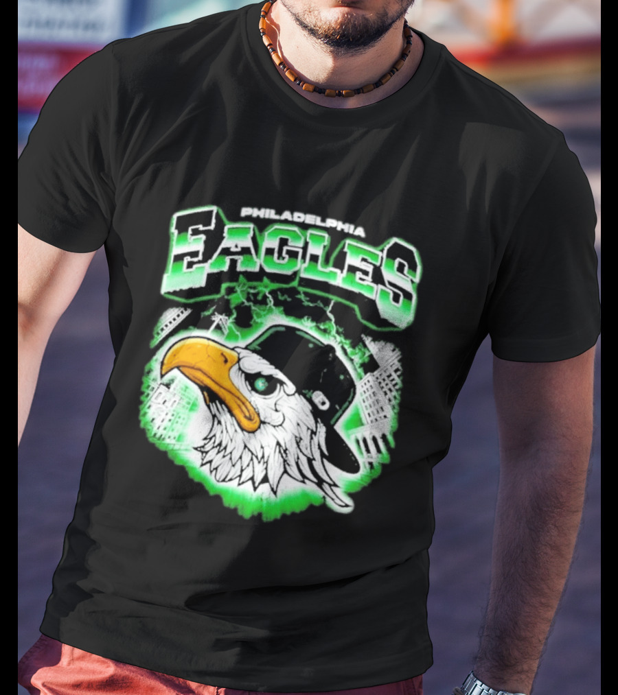 Philadelphia Eagles Mascot With Baseball Cap And City Skyline T-Shirt