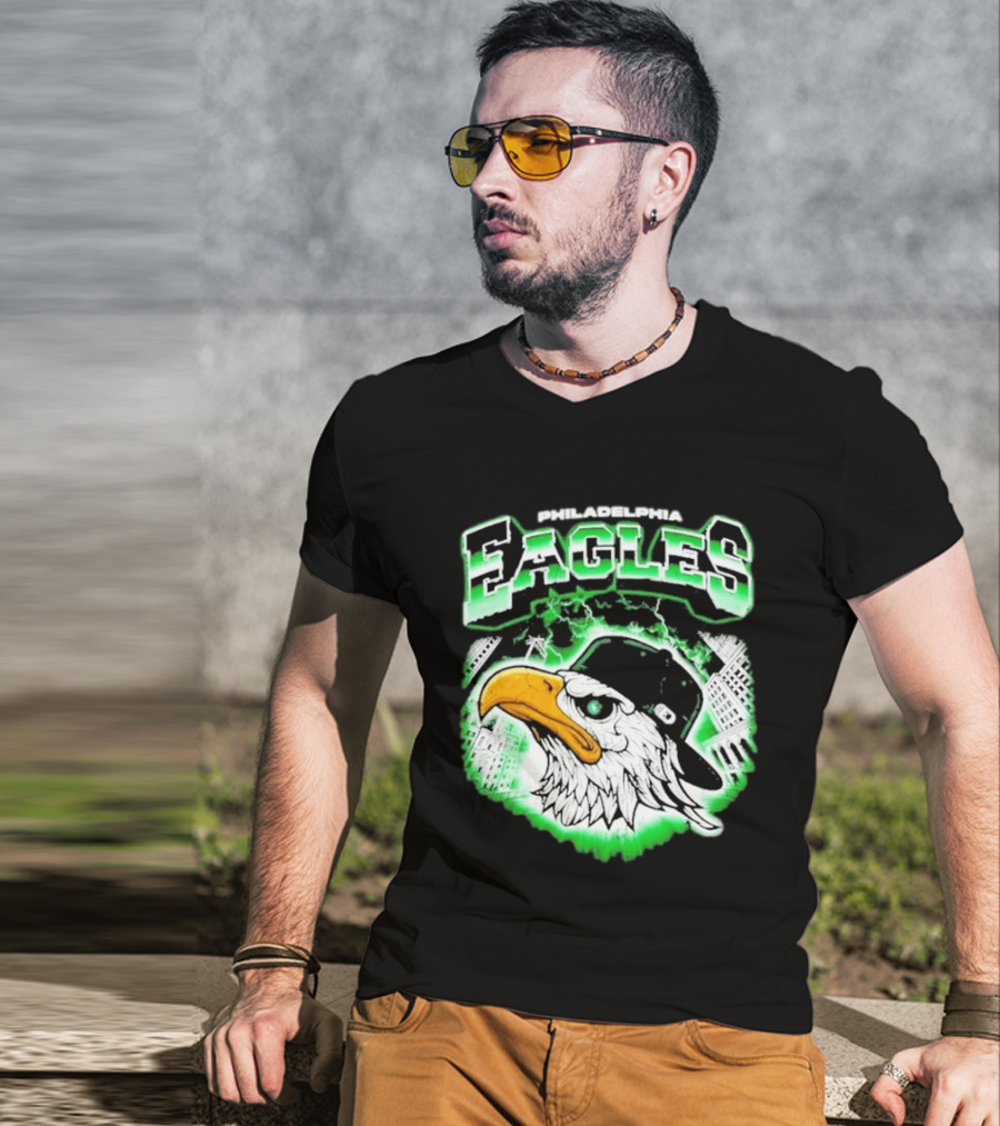 Philadelphia Eagles Mascot With Baseball Cap And City Skyline T-Shirt