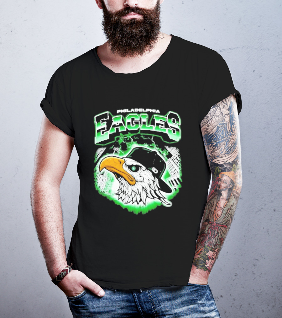Philadelphia Eagles Mascot With Baseball Cap And City Skyline T-Shirt