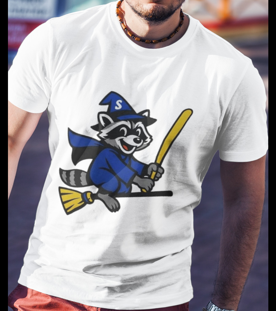 Seattle Mariners Jimothy The Etsy Witch Raccoon Flying Broomstick T-Shirt