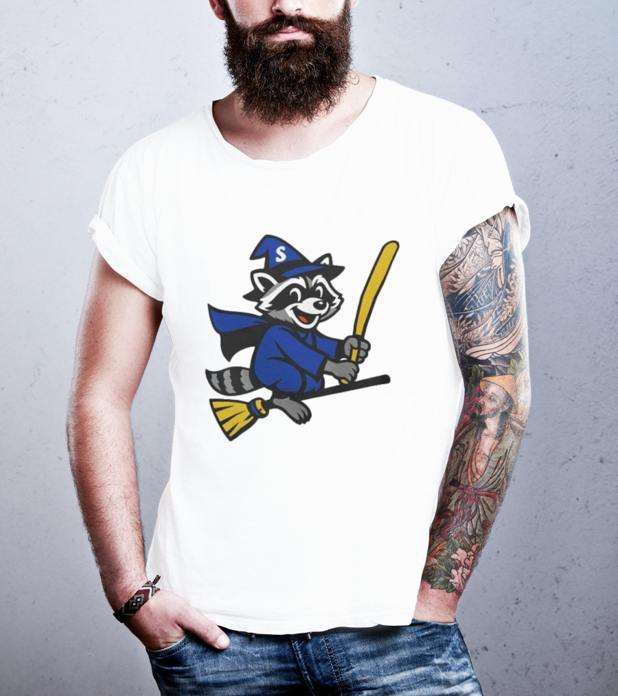 Seattle Mariners Jimothy The Etsy Witch Raccoon Flying Broomstick T-Shirt