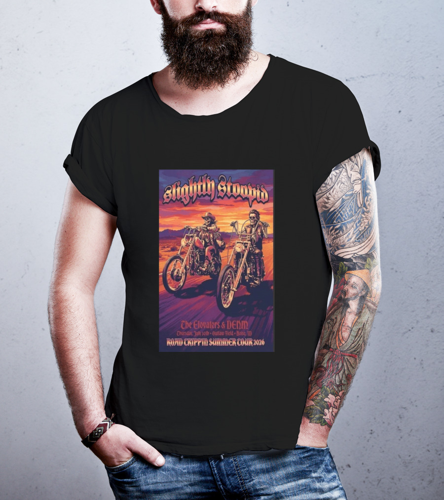 Slightly Stoopid Road Trippin Summer Tour 2026 The Elovaters DENM Boise Thursday July 30 Outlaw Field T-Shirt