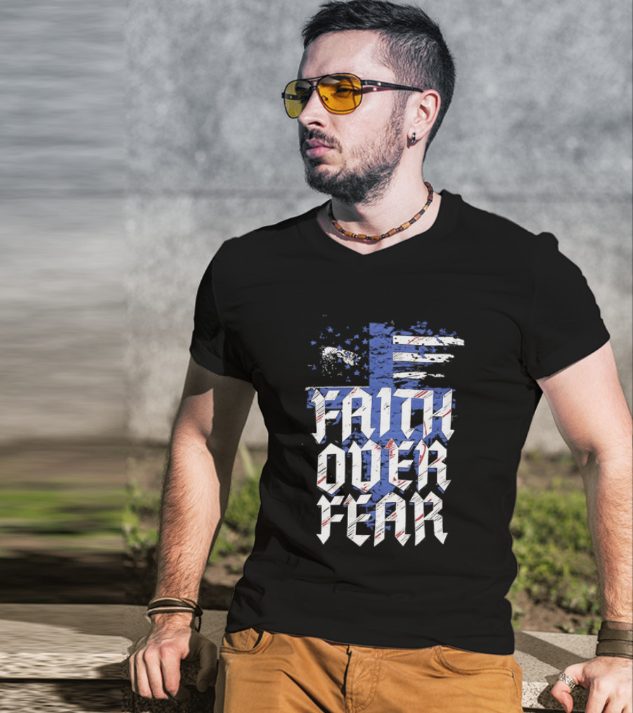 Faith Over Fear Distressed American Flag Cross T-Shirt