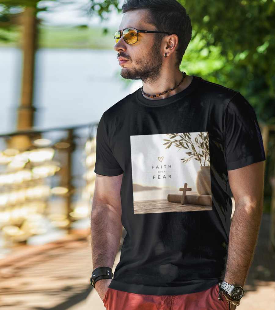Faith Over Fear Christian Cross Heart With Bible And Olive Branches T-Shirt