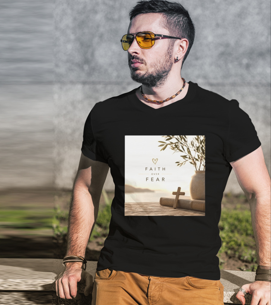 Faith Over Fear Christian Cross Heart With Bible And Olive Branches T-Shirt