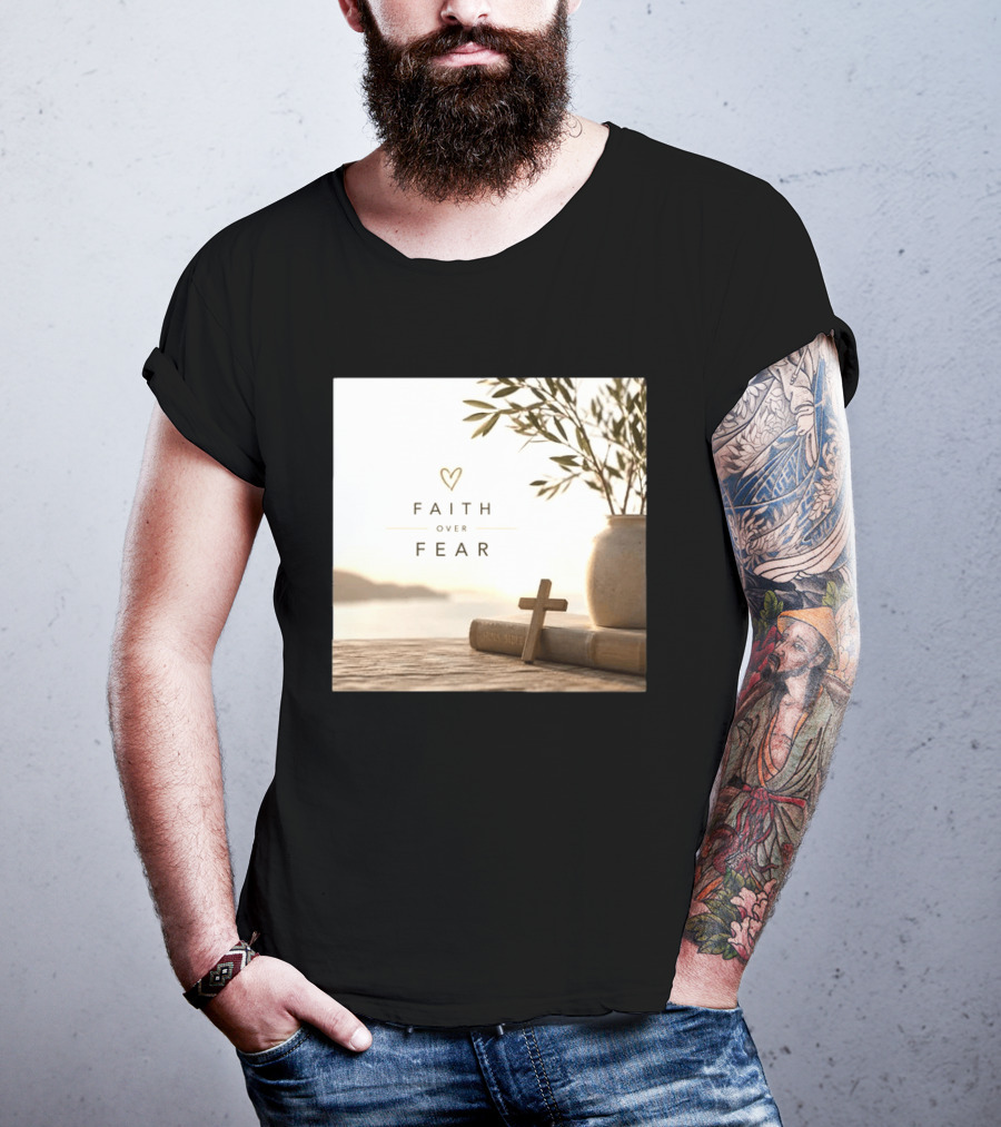Faith Over Fear Christian Cross Heart With Bible And Olive Branches T-Shirt