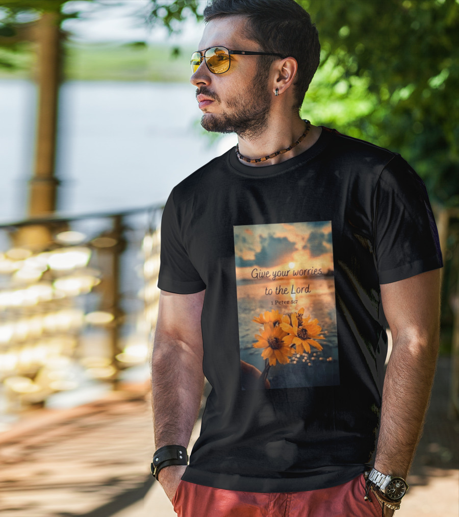 Give Your Worries To The Lord 1 Peter 5:7 Yellow Flowers At Sunset With Ocean T-Shirt