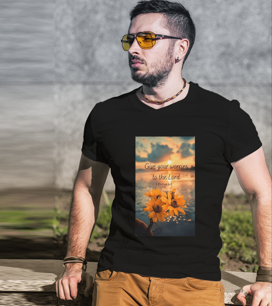 Give Your Worries To The Lord 1 Peter 5:7 Yellow Flowers At Sunset With Ocean T-Shirt