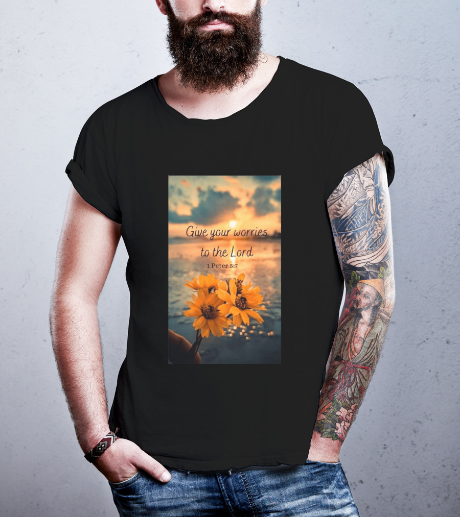 Give Your Worries To The Lord 1 Peter 5:7 Yellow Flowers At Sunset With Ocean T-Shirt