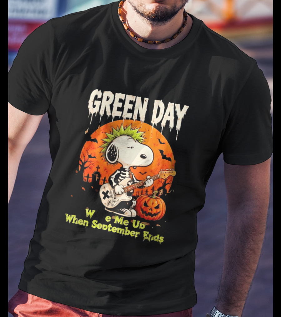 Green Day Snoopy Skeleton Guitar Wake Me Up When September Ends Halloween Pumpkin T-Shirt