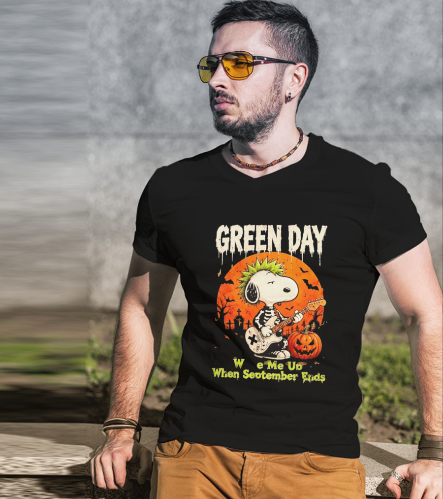 Green Day Snoopy Skeleton Guitar Wake Me Up When September Ends Halloween Pumpkin T-Shirt