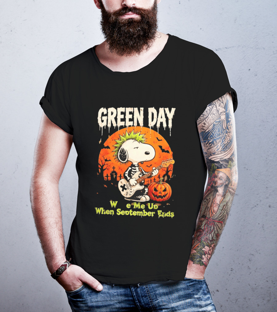 Green Day Snoopy Skeleton Guitar Wake Me Up When September Ends Halloween Pumpkin T-Shirt
