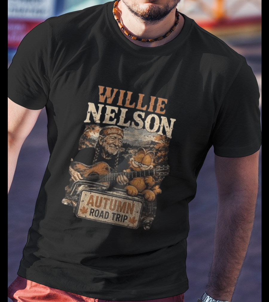 Willie Nelson Autumn Road Trip With Orange Cat T-Shirt