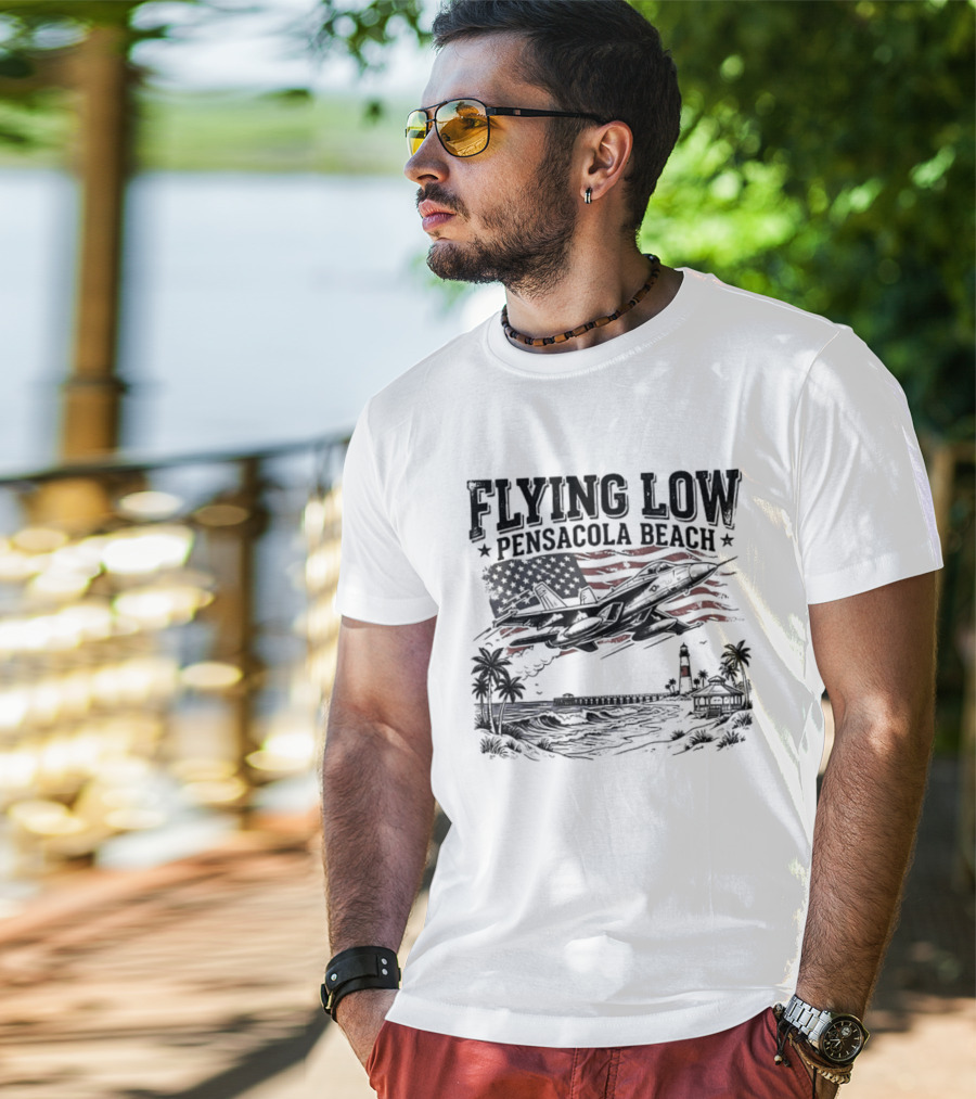 Flying Low Pensacola Beach American Flag Fighter Jet Scenic Beach View T-Shirt