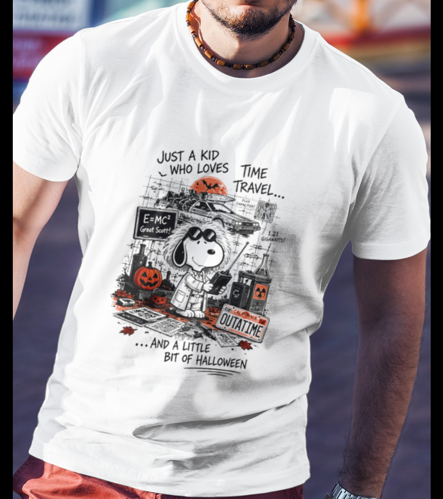 Snoopy Just A Kid Who Loves Time Travel Halloween Pumpkin Scene T-Shirt