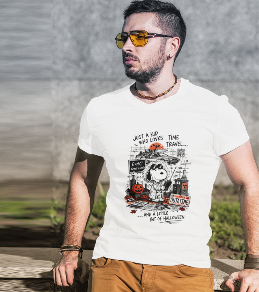 Snoopy Just A Kid Who Loves Time Travel Halloween Pumpkin Scene T-Shirt