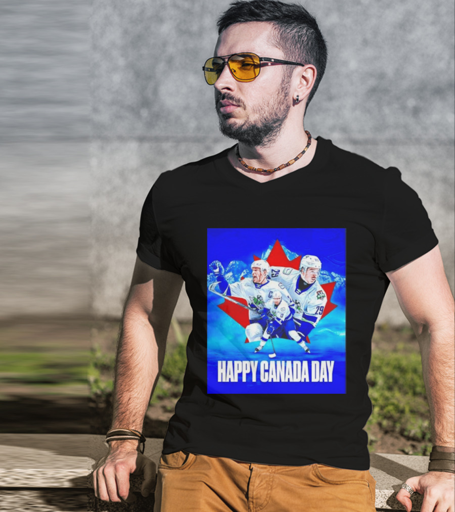 Abbotsford Canucks Happy Canada Day Celebration Collage With Hockey Players And Maple Leaf T-Shirt