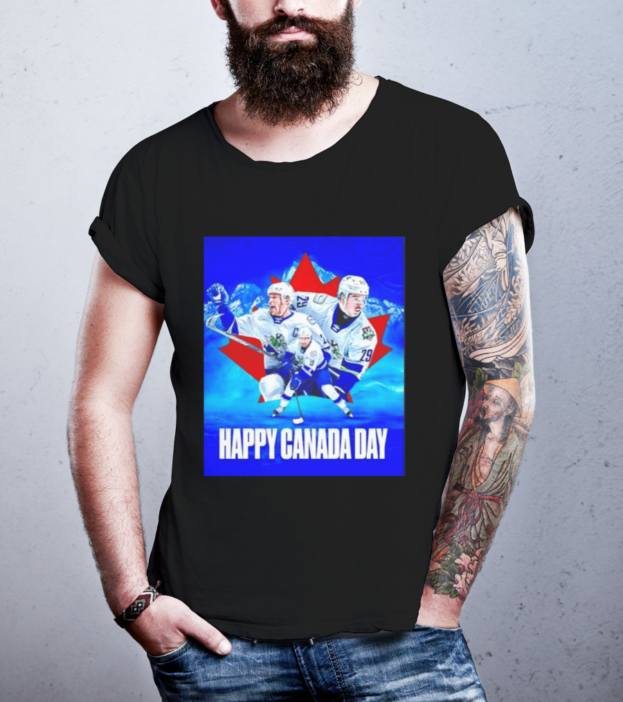 Abbotsford Canucks Happy Canada Day Celebration Collage With Hockey Players And Maple Leaf T-Shirt