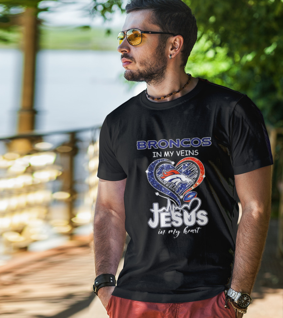 Denver Broncos In My Veins Heart Jesus In My Heart T-Shirt