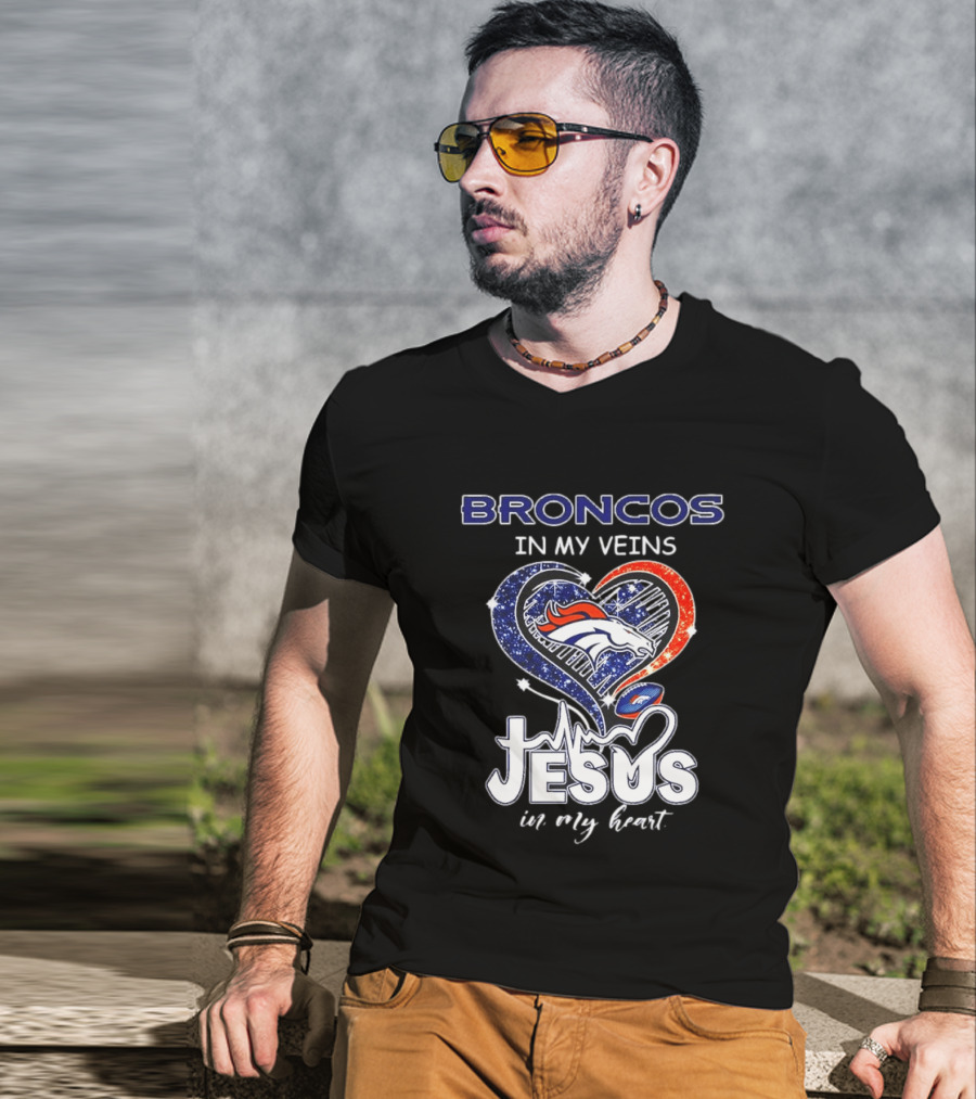 Denver Broncos In My Veins Heart Jesus In My Heart T-Shirt