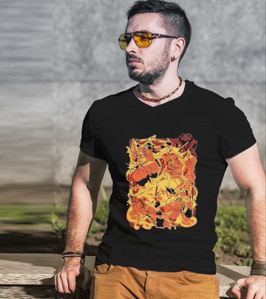 Helluva Boss Satan Characters In Fiery Yellow And Red T-Shirt