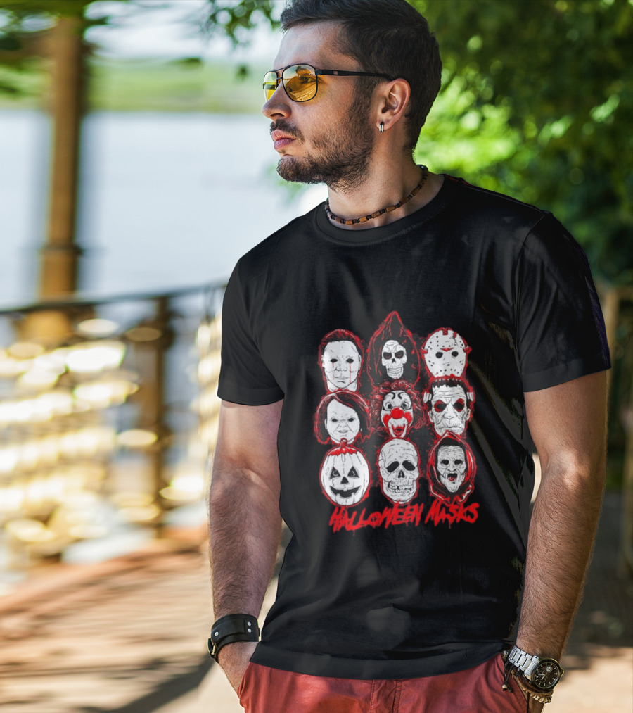 Horror Movie Characters Halloween Masks Skeleton Clown Jack O' Lantern T-Shirt