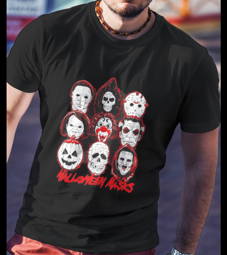 Horror Movie Characters Halloween Masks Skeleton Clown Jack O' Lantern T-Shirt