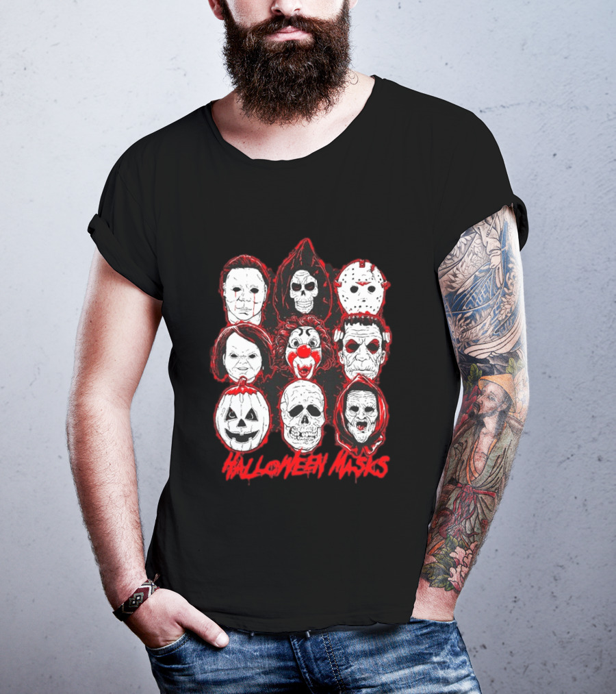 Horror Movie Characters Halloween Masks Skeleton Clown Jack O' Lantern T-Shirt