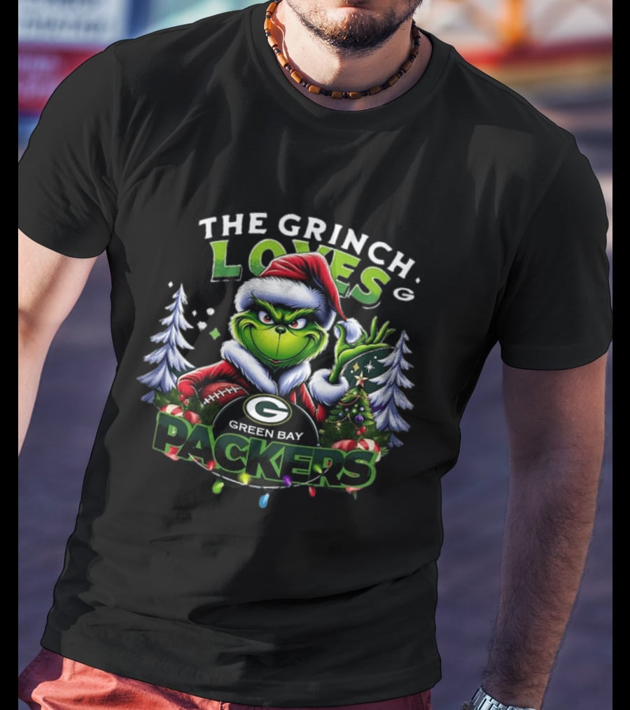 The Grinch Loves Green Bay Packers Christmas Tree Football T-Shirt