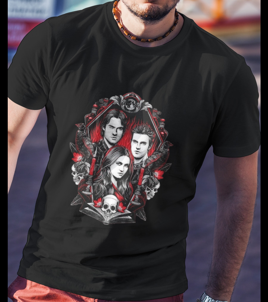 Vampire Blood The Vampire Diaries Damon Salvatore Stefan Salvatore Elena Gilbert Skull Candle Ravens T-Shirt