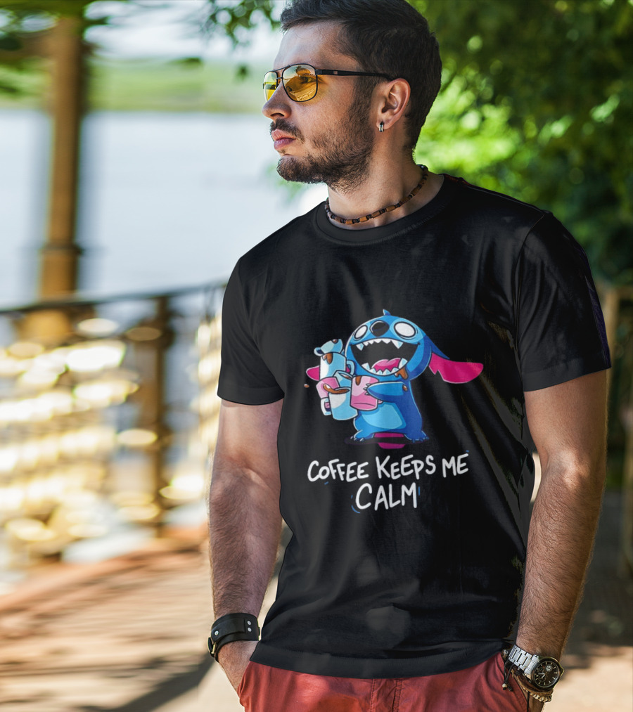 Stitch Coffee Keeps Me Calm Cute Character Drinking Coffee T-Shirt