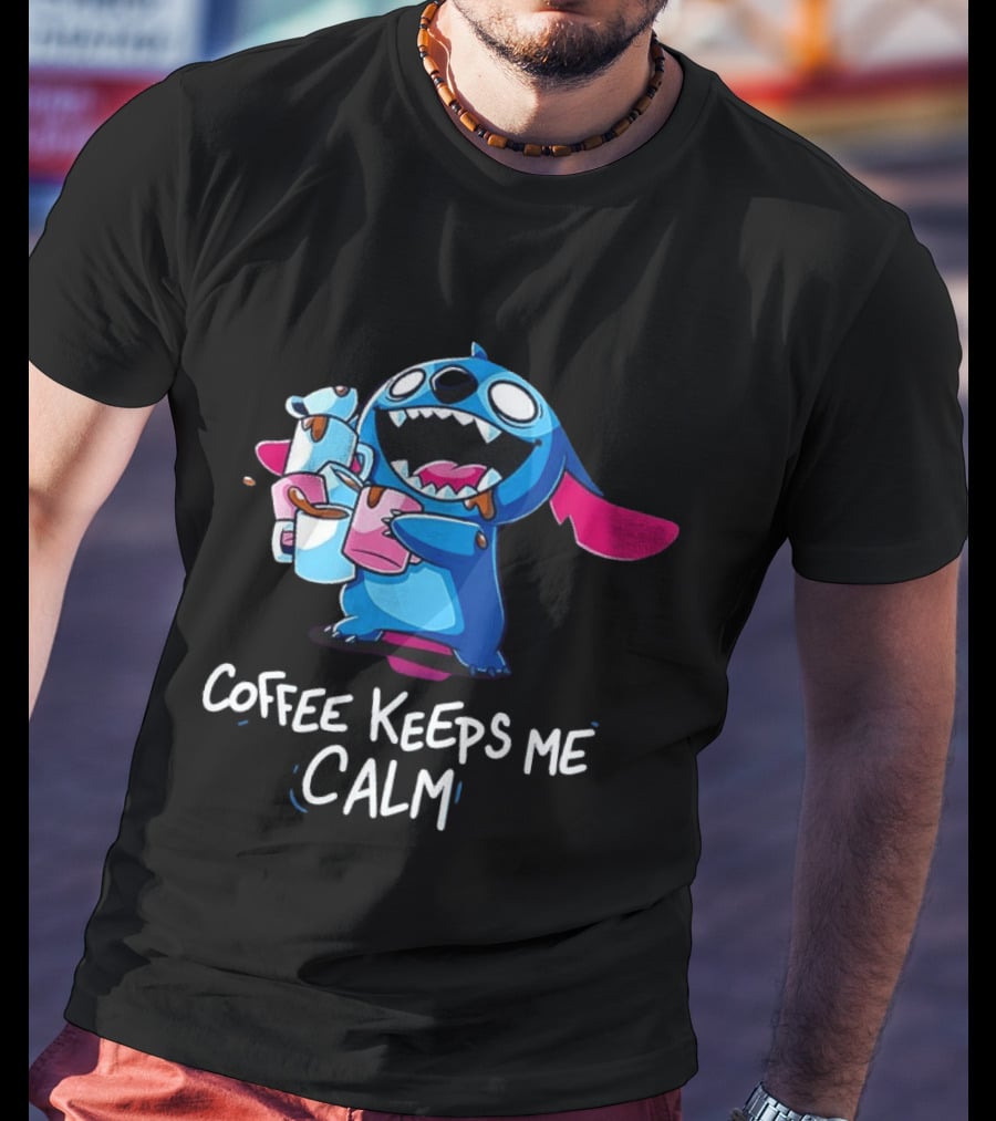 Stitch Coffee Keeps Me Calm Cute Character Drinking Coffee T-Shirt