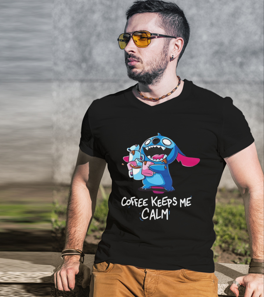 Stitch Coffee Keeps Me Calm Cute Character Drinking Coffee T-Shirt
