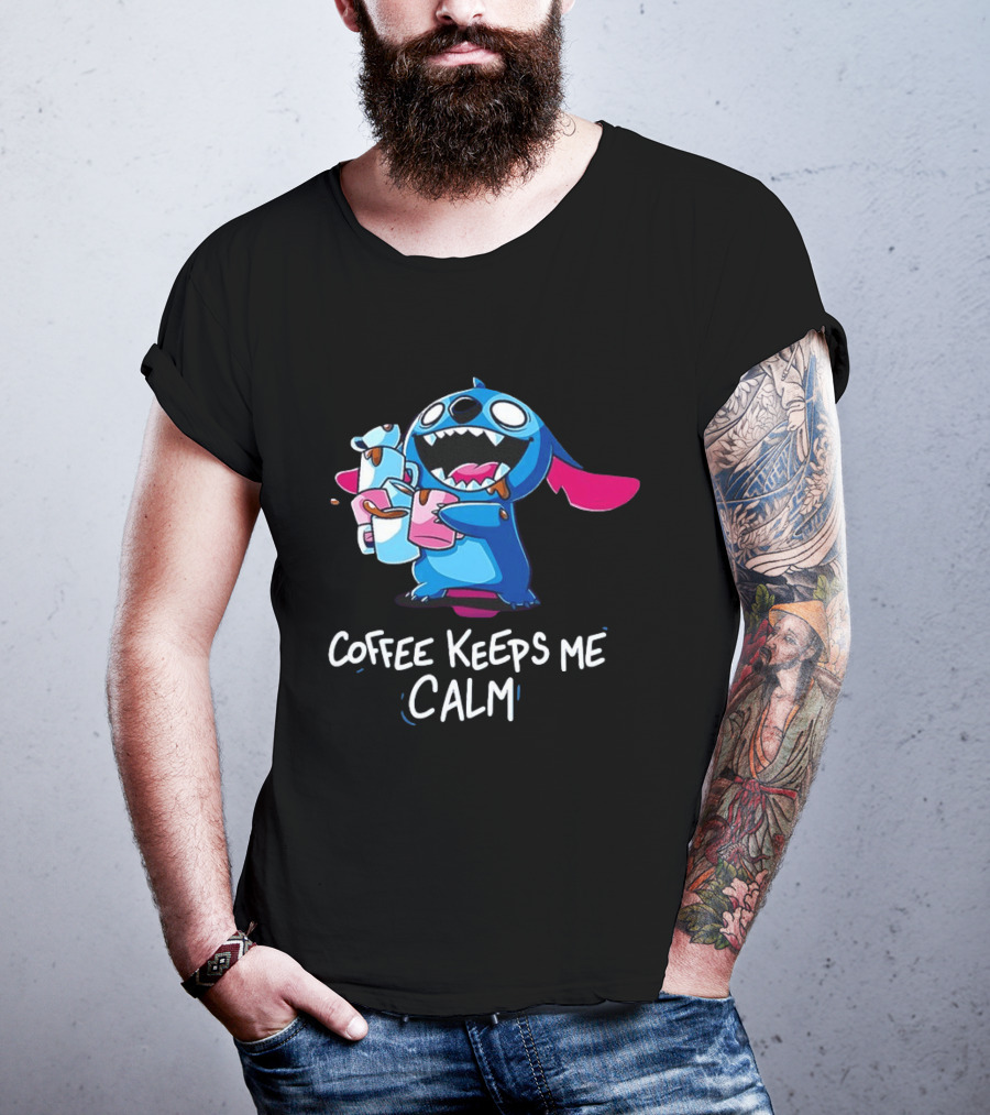 Stitch Coffee Keeps Me Calm Cute Character Drinking Coffee T-Shirt