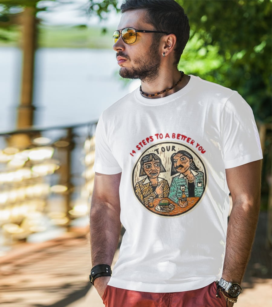 14 Steps To A Better You Tour Oval Illustration With Two Seated Individuals T-Shirt