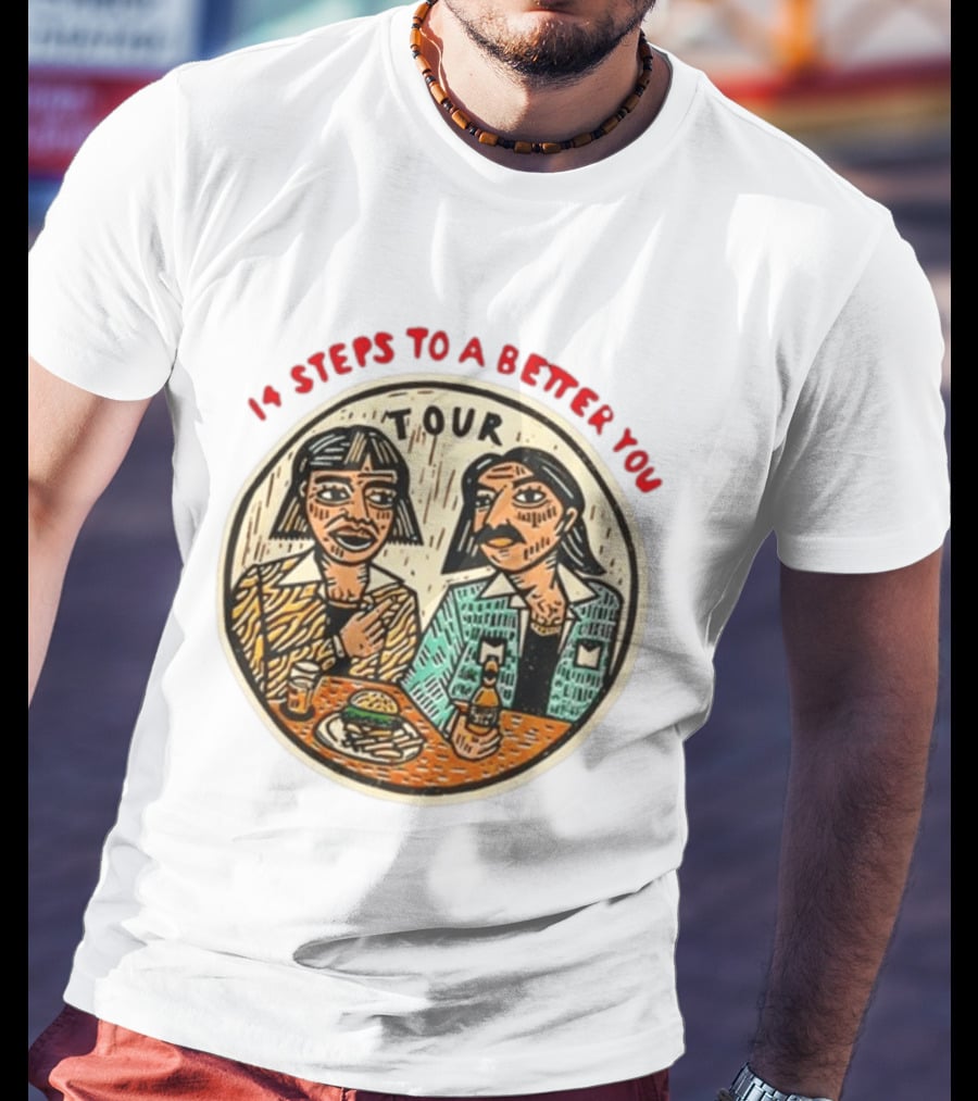 14 Steps To A Better You Tour Oval Illustration With Two Seated Individuals T-Shirt