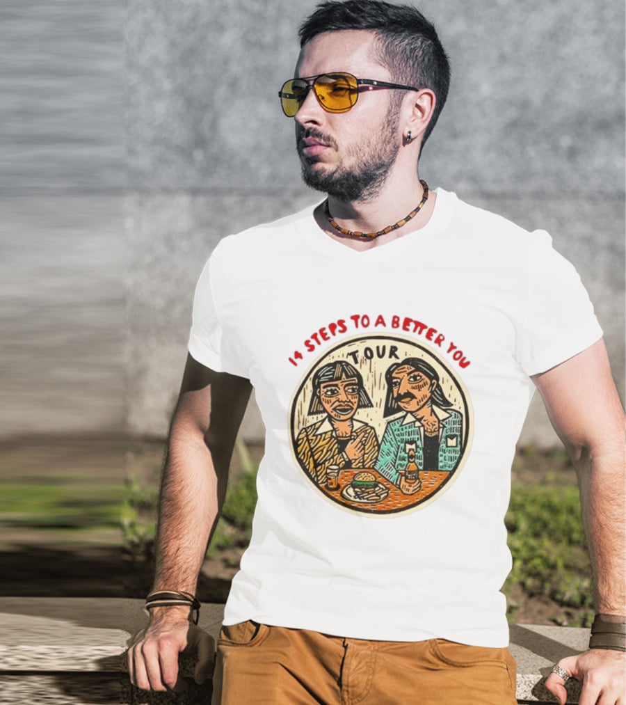 14 Steps To A Better You Tour Oval Illustration With Two Seated Individuals T-Shirt