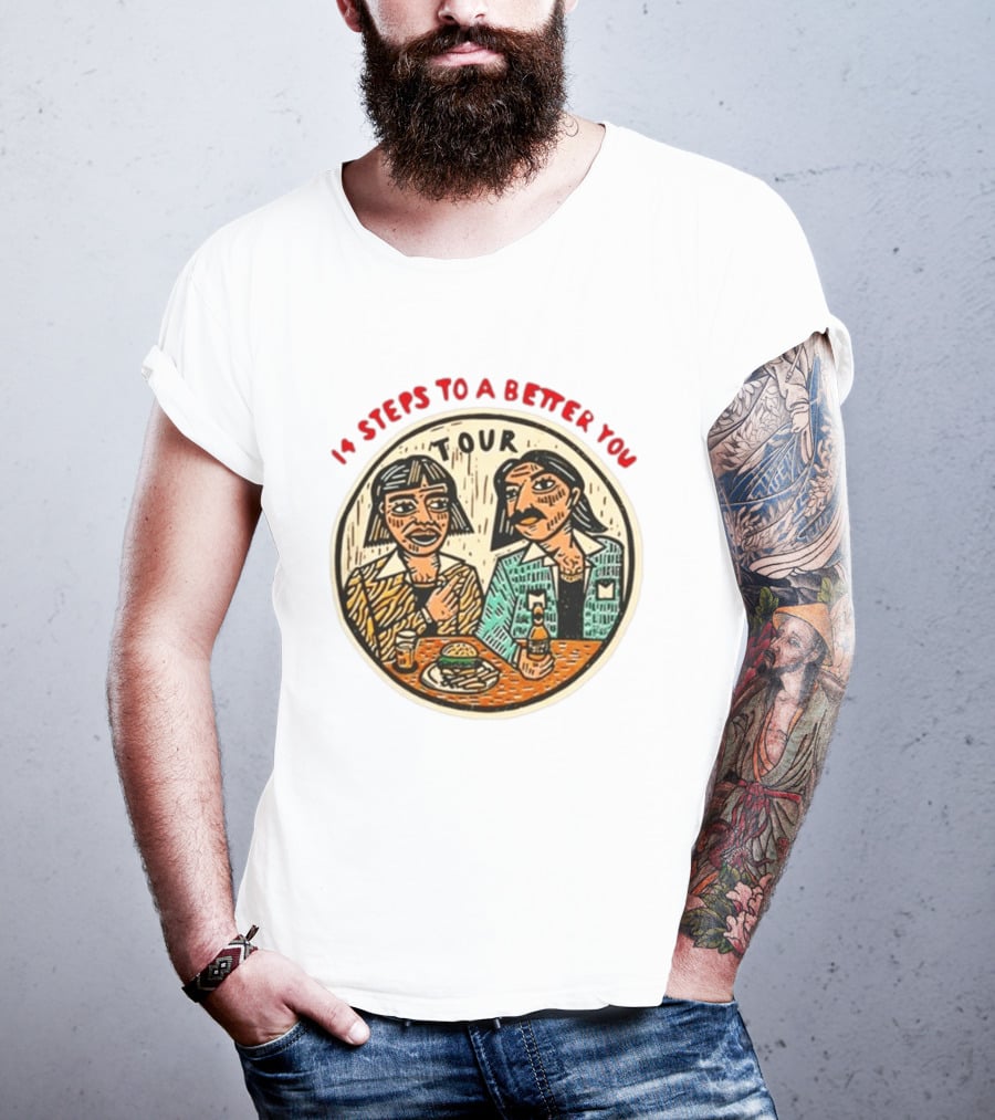 14 Steps To A Better You Tour Oval Illustration With Two Seated Individuals T-Shirt