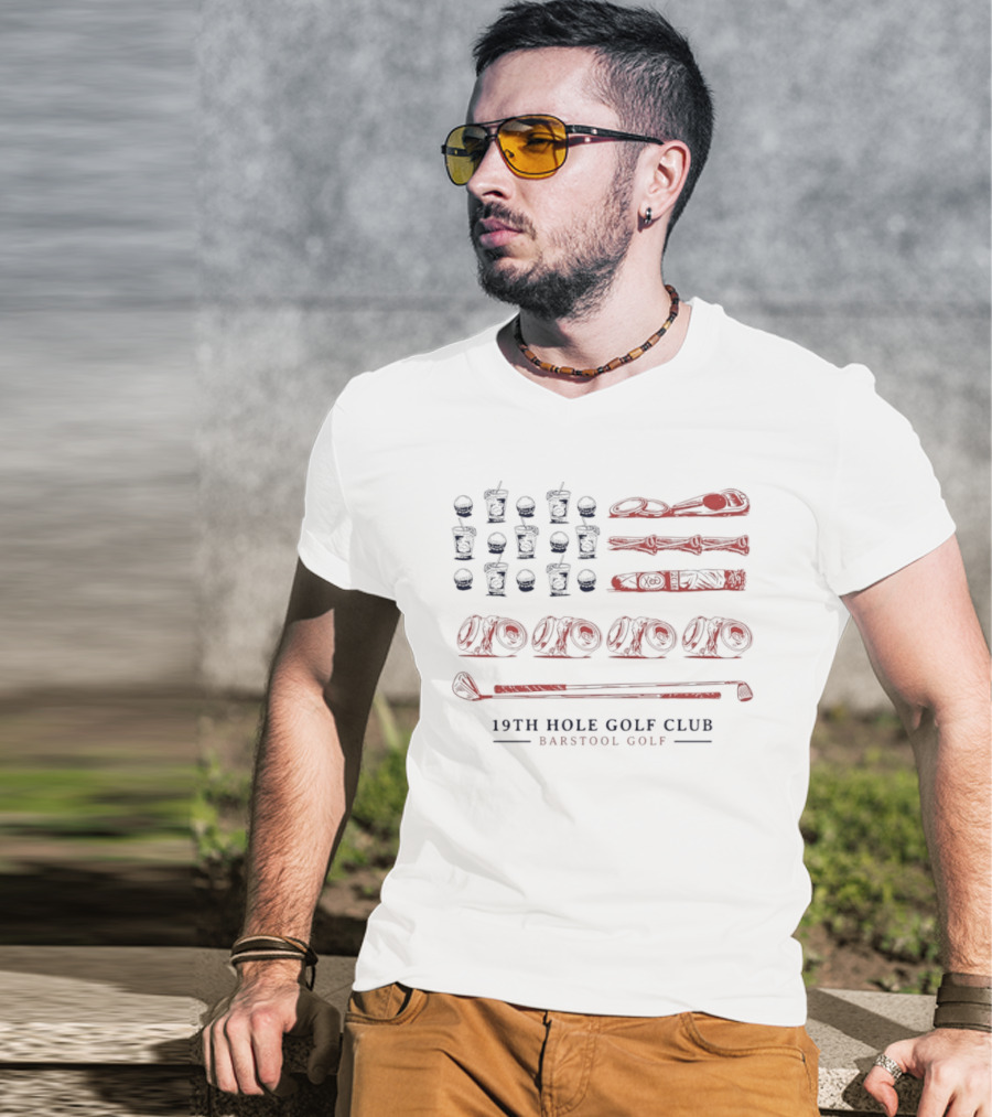 19th Hole Golf Club American Flag Bartool Golf T-Shirt