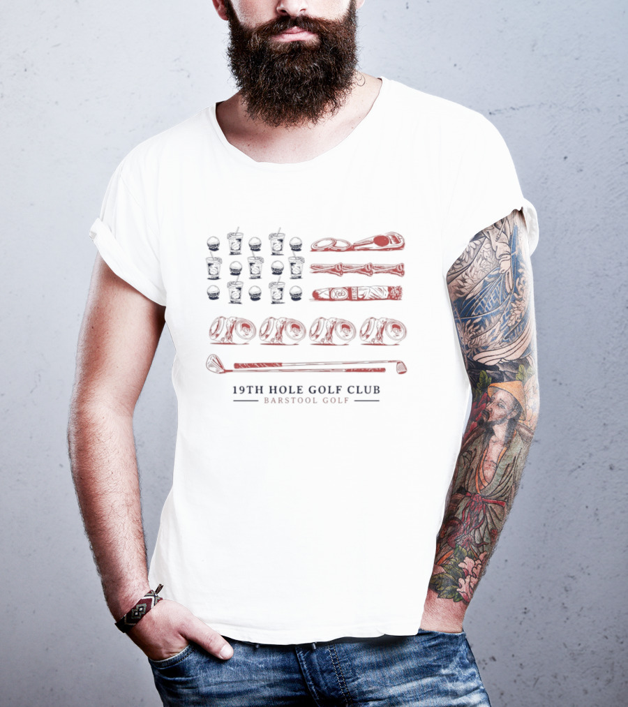 19th Hole Golf Club American Flag Bartool Golf T-Shirt